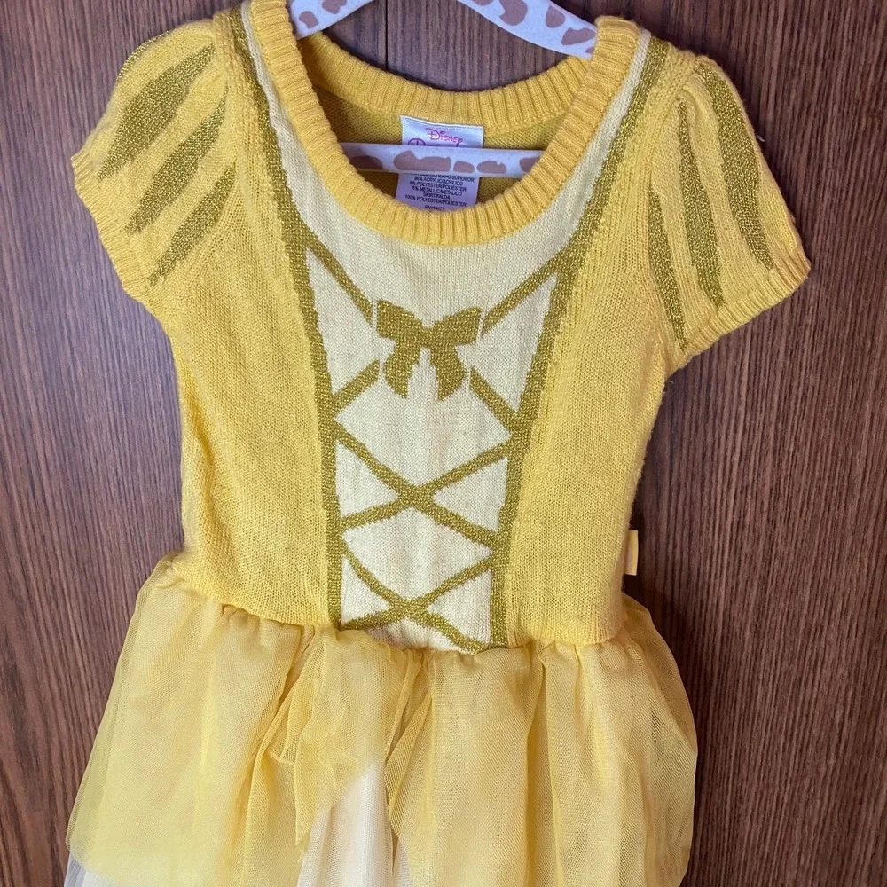 Disney Princess Belle Sweater Dress Toddler 2T Yellow Gold Glitter Tulle Skirt